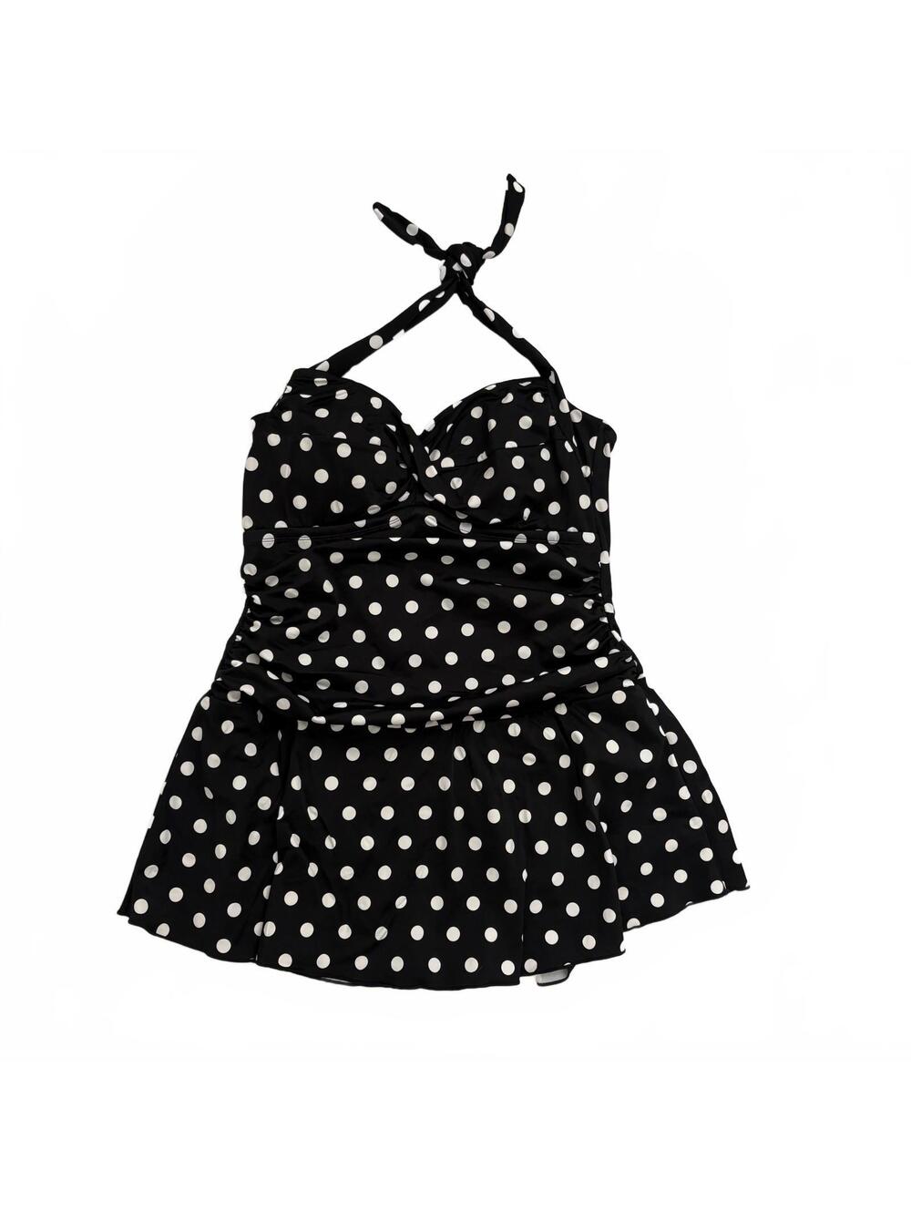 Swimsuits For All | One Piece Black White Polka Dot Halter Skirted Ruffle 14 - Picture 2 of 8